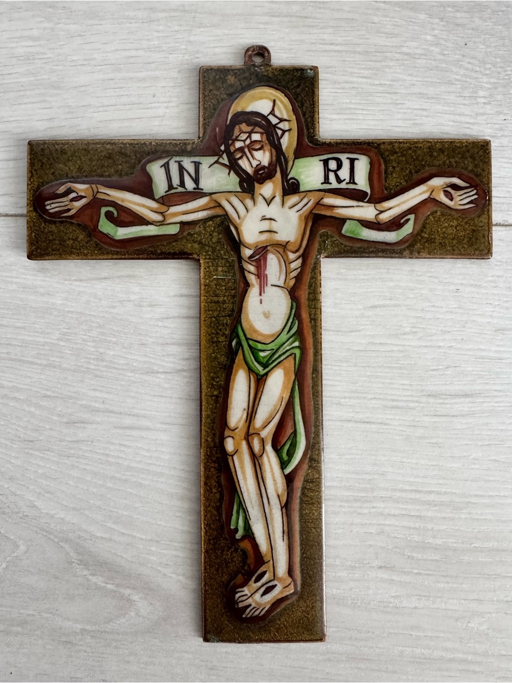 Bronze crucifix cross with enamel 'INRI Crucifix' by Wolterman